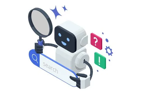 AI search helper. Isometric robot assistant holding magnifying glass and search Stock Illustration
