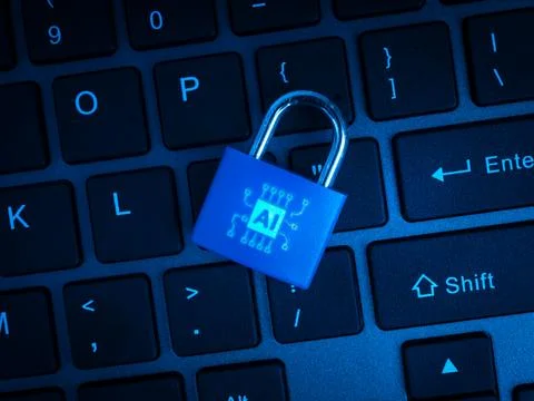 AI security and cybersecurity protection concept featuring digital padlock .. 写真素材