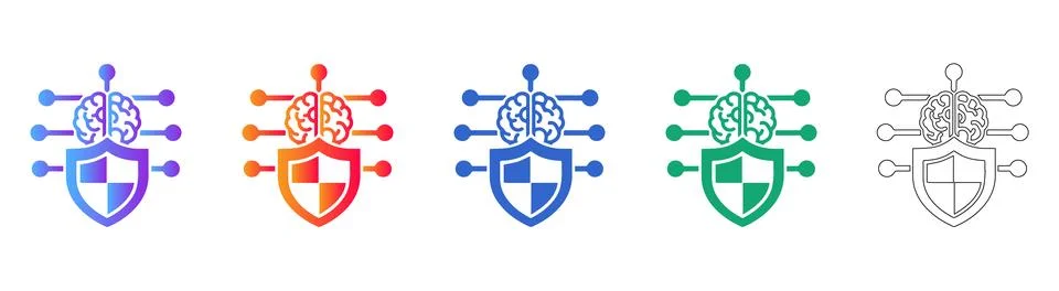 AI Security Brain and Shield Icons Stock Illustration