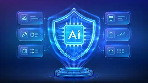 AI security concept. AI-powered cybersecurity, data protection and network .. Stock Illustration