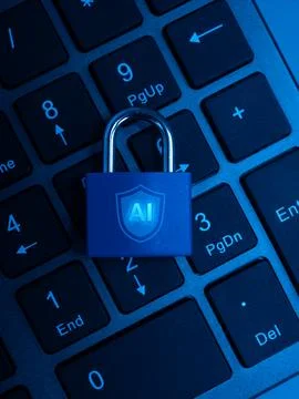 AI security concept featuring blue padlock on computer keyboard. Artificial.. Stock Photos