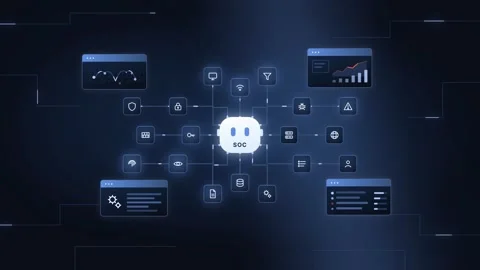 AI Security Operations HUD Dashboard Cybersecurity Defense Network Futuristic Stock Footage 345094527