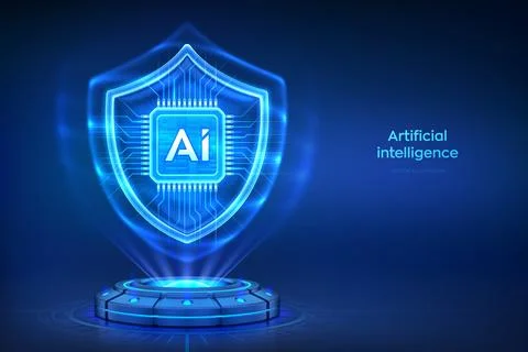 AI security. Secure artificial intelligence. Holographic platform with glowin Stock Illustration