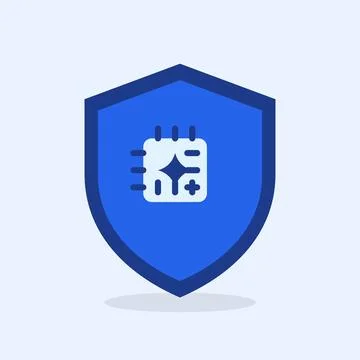 AI security shield icon with processor chip and sparkle symbol, flat design Stock Illustration