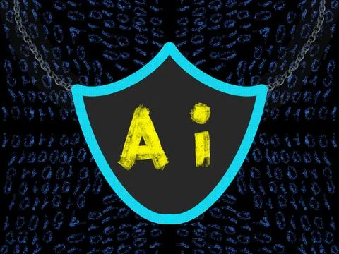 AI Security Shield: An illustration of a shield with AI in the center Stock Illustration