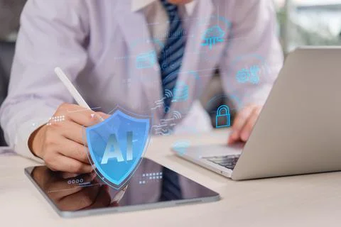 AI security technology with digital shield, cybersecurity icons, and data p.. Stock Photos