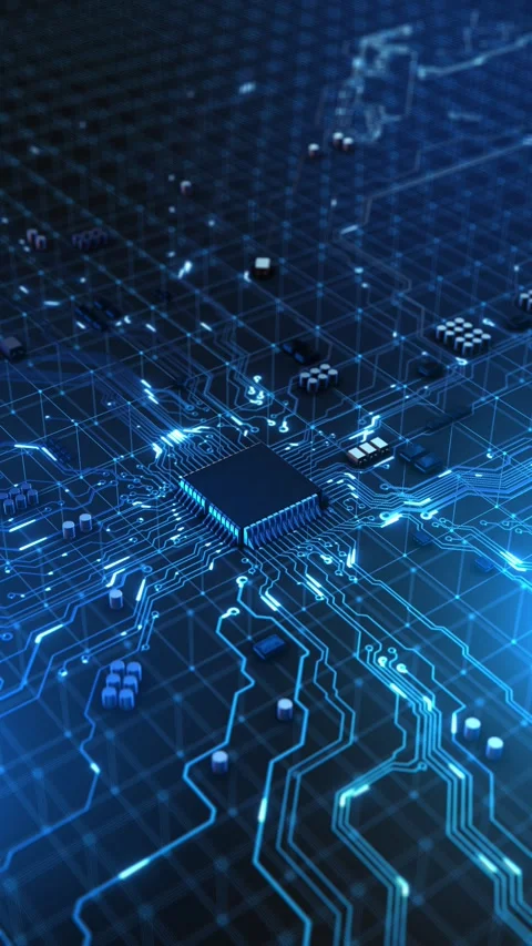 AI Semiconductor Microchip with Glowing Circuit Network and Data Processing Video stock 342624589