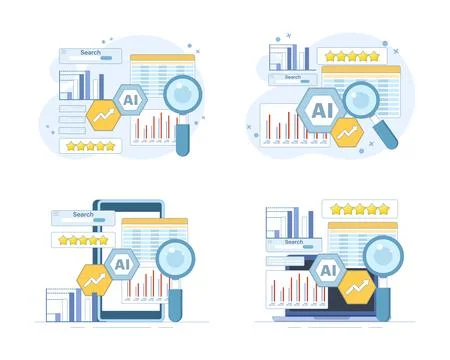 AI SEO research set, competitor performance tracking, search ranking analysis. Stock Illustration
