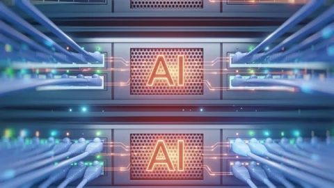 AI Server Rack Front Panel Glowing Orange Ethernet Cable Data Center 3D Render 库存影片 336117570