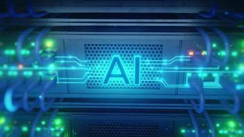 AI Server Rack Panel Blue Green Glowing Circuit Ethernet Cable Angle View 3D Stock Footage 336117649