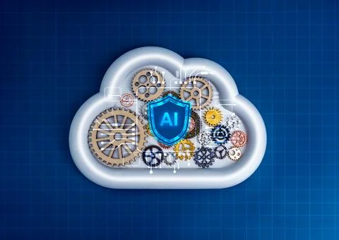 AI shield icon on cloud with gears on digital network blue background symbo.. Foto stock