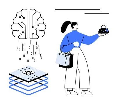 AI in shopping, digital transformation, data processing, neural networks, con Stock-Illustration