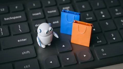 AI Shopping Robot with Bags on Computer Keyboard. 3d render Stock Illustration