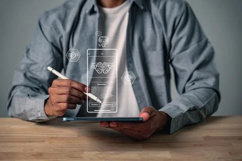 AI showing businessman utilizing a tablet with digital transformation for d.. Stock Photos
