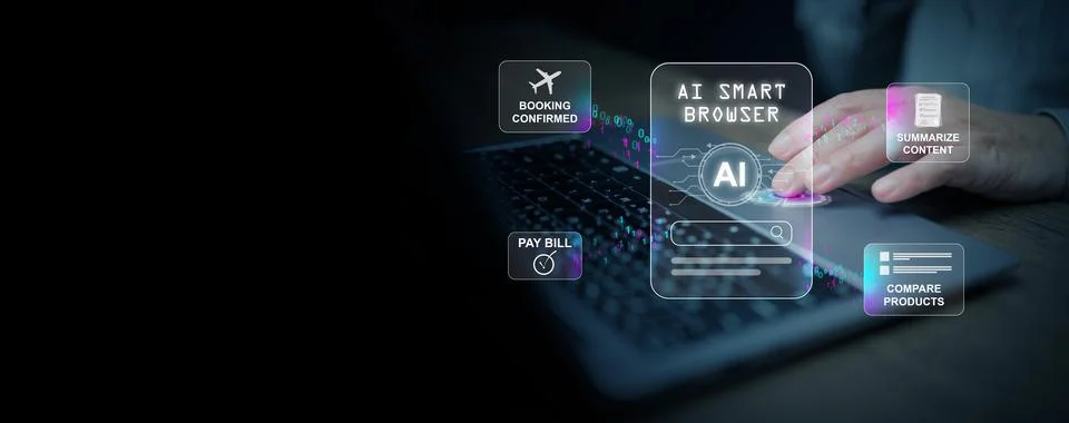 AI smart browser interface concept showing a human hand using a laptop touc.. Foto stock