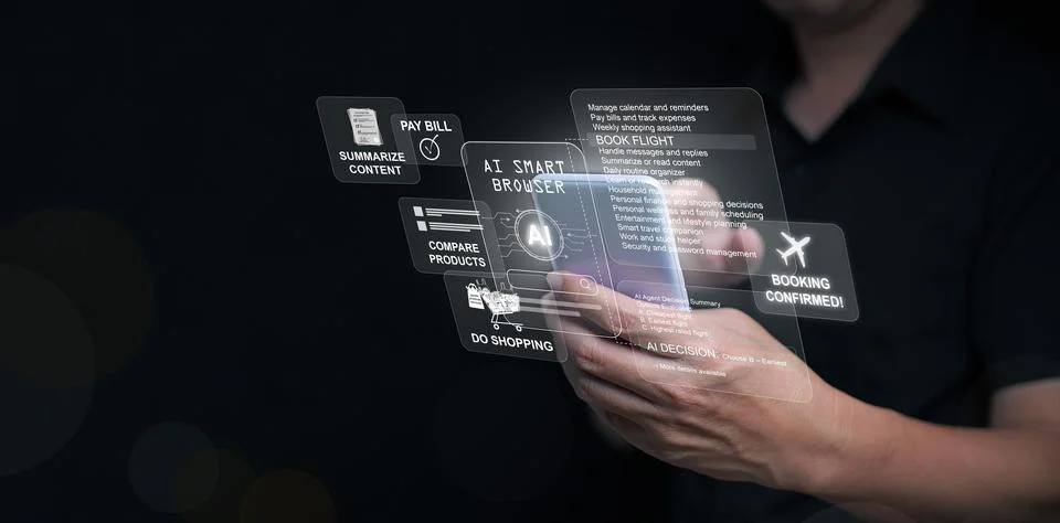 AI smart browser interface showing artificial intelligence making decisions.. Stock Photos
