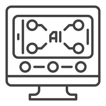 AI in Smartphone on PC Display vector Artificial Intelligence linear icon o.. Stock Illustration