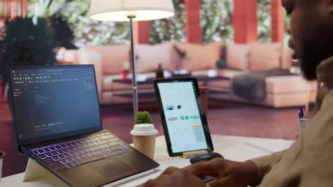 AI software developer creating an algorithm for deep learning and data mining Stock Footage 277824333