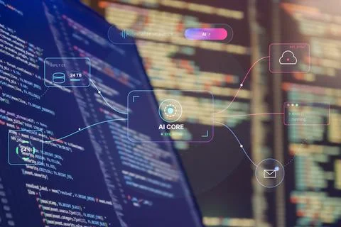 AI Software Development Interface with Automated Code and Data Workflow Stock Photos