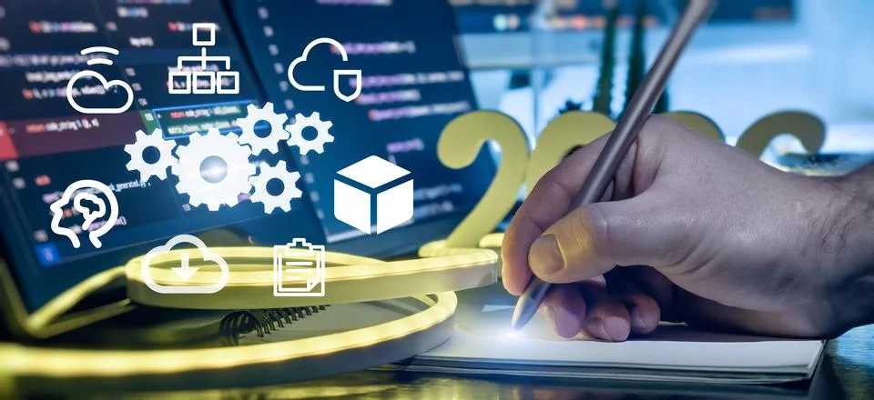 AI Software Development Planning Concept with Hand Writing Notes, Code Screen 스톡 사진