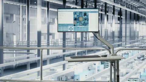 AI software on monitor in empty microchip factory Stock Footage 333383209