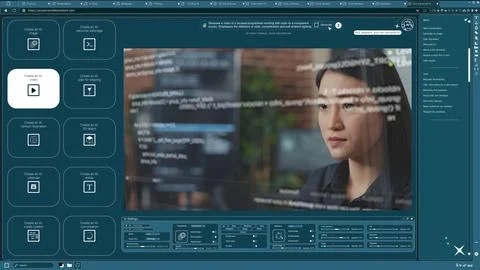 AI software turning text prompt into video of woman writing lines of code Stock Photos