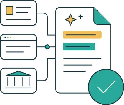 AI Source Verification With Connected Documents and Approval Checkmark イラスト素材