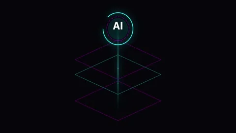 AI Stack with Isometric Layers and Streaming Data Particles Stockbeeldmateriaal 341342704
