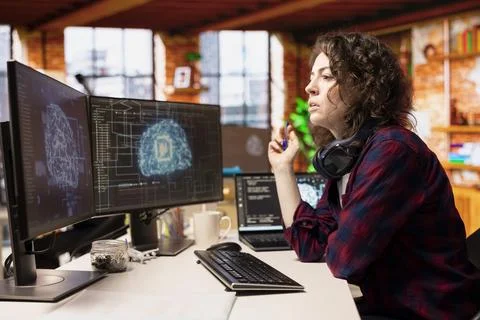 AI startup office software developer designing and implementing algorithms Foto stock