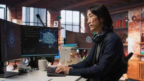 AI startup senior programmer overseeing deep learning applications Stock Photos