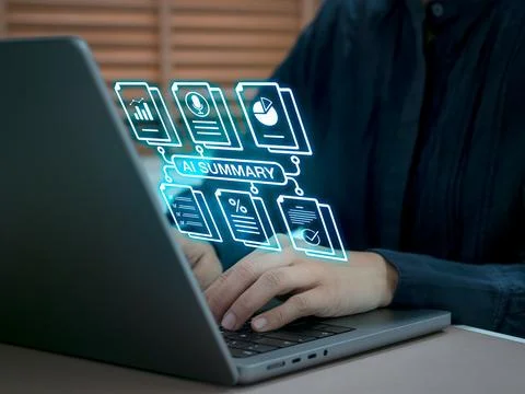 AI summary technology concept with digital data visualization. Person using.. Foto stock