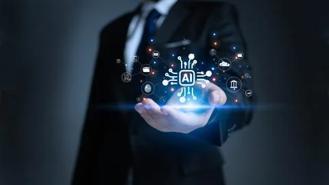 AI, symbol, artificial intelligence of future technology. Businessman holdi.. 스톡 사진