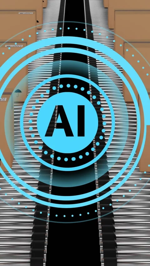 AI symbol over boxes moving on conveyor belts in warehouse animation Stock Footage 323780722