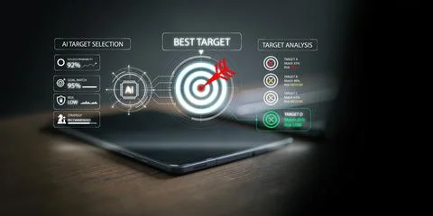 AI target selection interface above a tablet with the best target, success .. Stock Photos