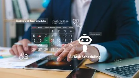 AI task scheduling timeline, AI-enhanced tools empower teams manage workloa.. 스톡 사진