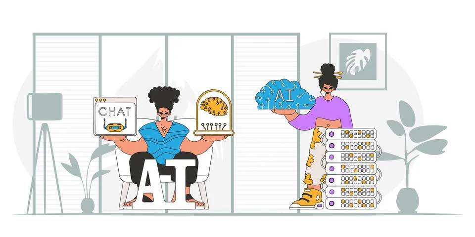 .AI team of guy and girl with modern style, vector illustration. Stock Illustration