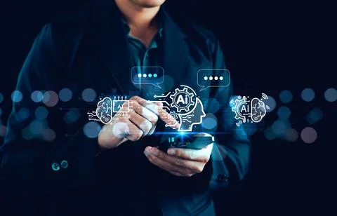 AI tech. Artificial intelligence. Businessman us technology smart robot AI. C Stock Photos