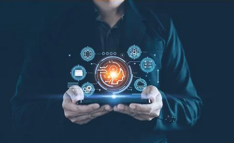 AI tech. Artificial intelligence. Businessman us technology smart robot AI. C Stock Photos