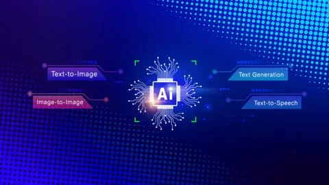 Ai tech,  Artificial Intelligence to generate content, Text to image, speec.. Foto stock