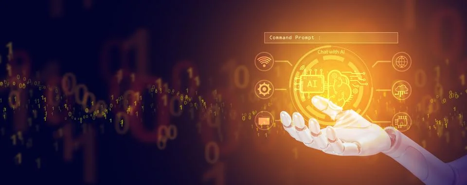 AI tech. Chat Bot, chat with Ai. Virtual graphic of a chatbot on a robot ha.. Stock Illustration