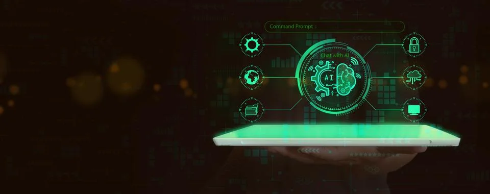 AI tech. Chat Bot, chat with Ai. Virtual graphic of a chatbot on a tablet w.. Stock Illustration