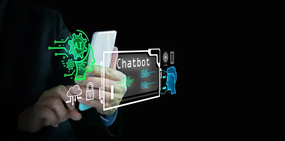 AI tech. Chat Bot, chat with Ai. A man uses virtual graphic of a generative.. Stock Photos