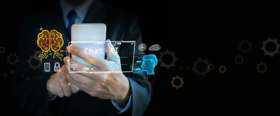 AI tech. Chat Bot, chat with Ai. A man uses virtual graphic of a generative.. Stock Photos