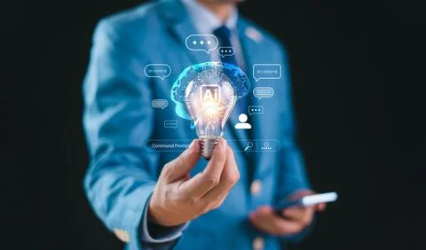 Ai tech concept, Artificial Intelligence technology on hand. Businessman hold Stock Photos