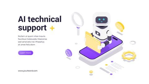 AI Technical Support Modern Isometric Banner Template with Robot and Smartpho Stock Illustration