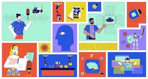 AI technologies people bento grid illustration set 库存插图