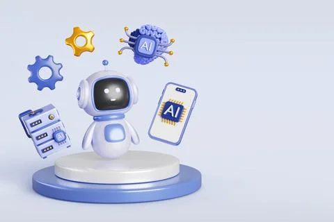 AI technology 3d banner. Chatbot robot on platform with mobile phone, data Stock Illustration