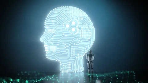 Ai technology with 3d rendering humanoid robot with circuit brain graphic interf Stock Footage 313816830