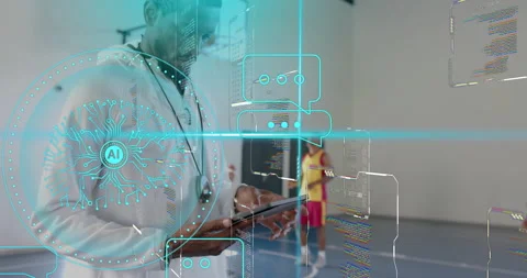 AI technology and data processing animation over doctor using tablet in gym Видео 304760556