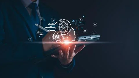 AI technology, Artificial Intelligence. Man using technology smart robot AI,  Foto stock